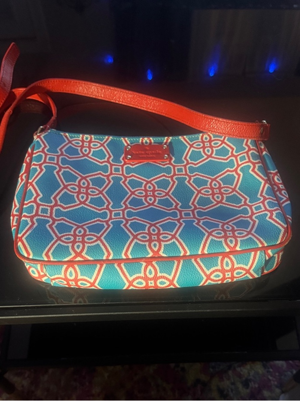 Blue & Coral Patterned Crossbody Bag - Designer Plate Accent